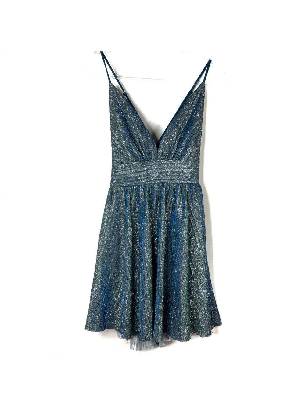 Lulu's Teal Blue Stop The Show Glitter Mini Party Dress V-Neck Womens Large